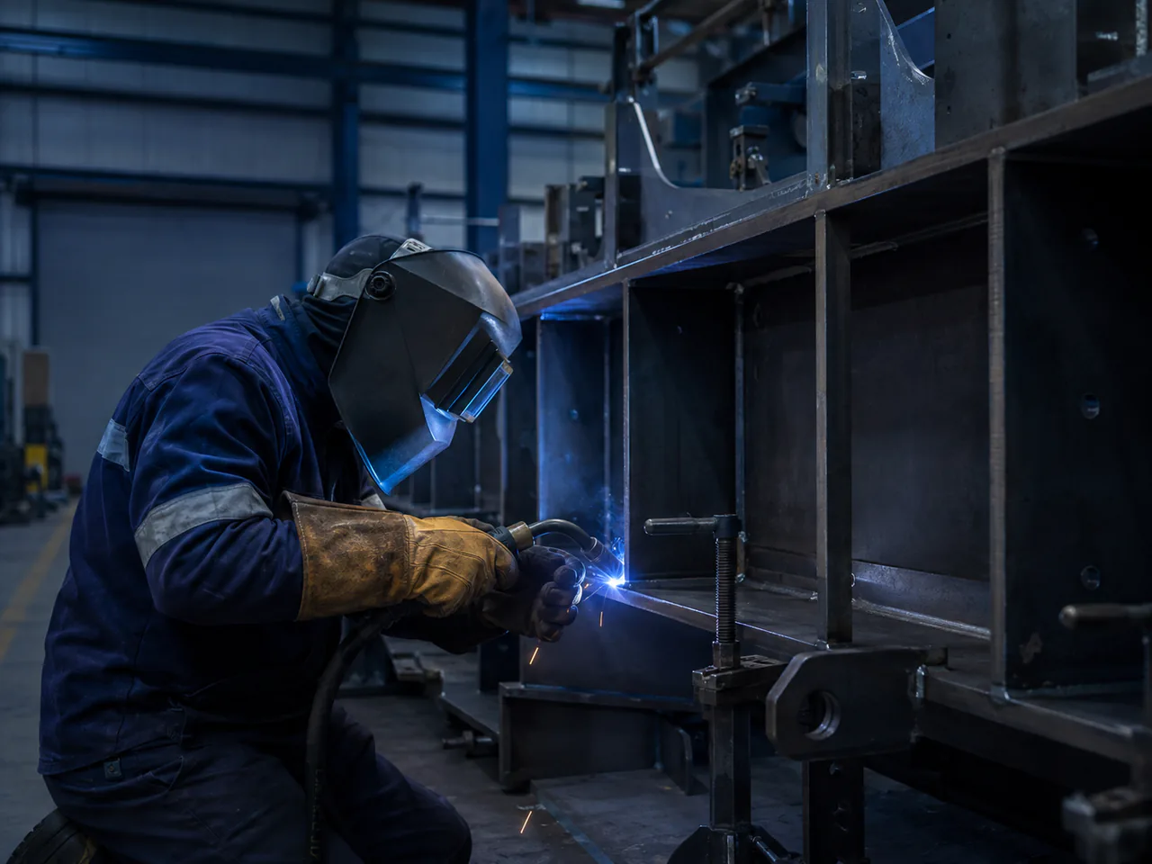 Welder fabricating a heavy steel industrial assembly.