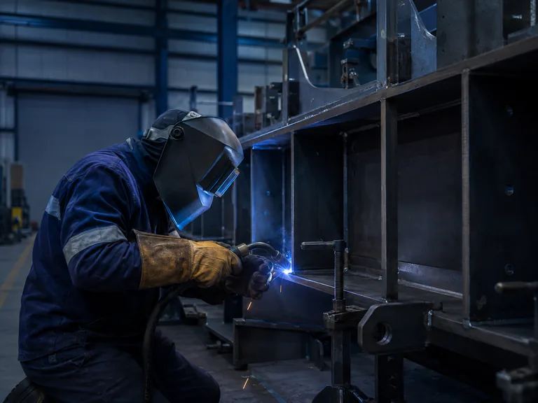 Protected welder fabricating a structural steel assembly