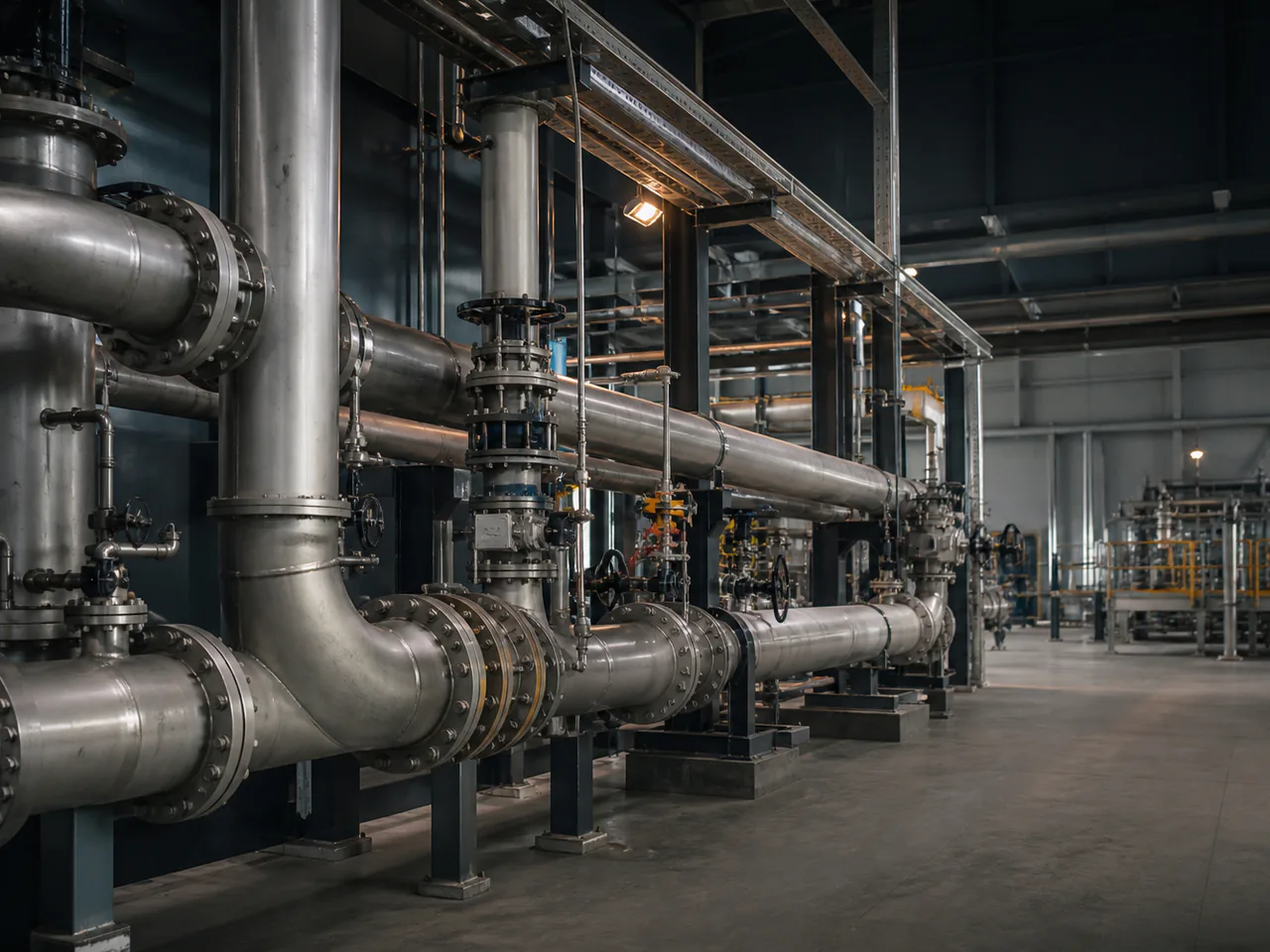 Flanged industrial pipework, valves and structural supports inside a plant.