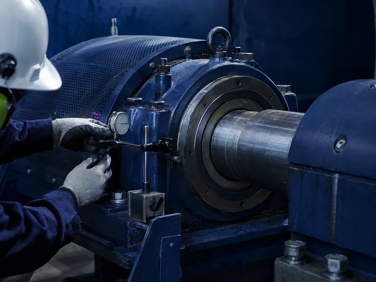 Engineer checking alignment on industrial rotating equipment