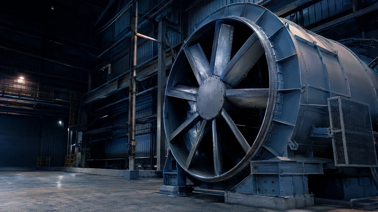 Large industrial ventilation fan inside a heavy-industry plant