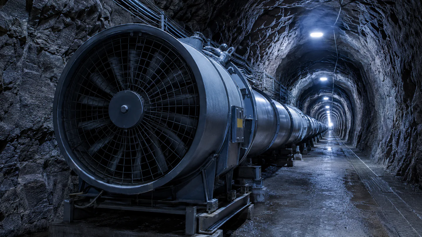 Large industrial ventilation fan and surrounding plant infrastructure.